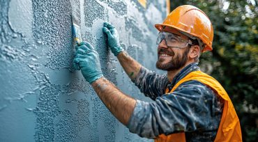 A construction worker carefully applies a textured paint to a wall, smiling while focused on his task.