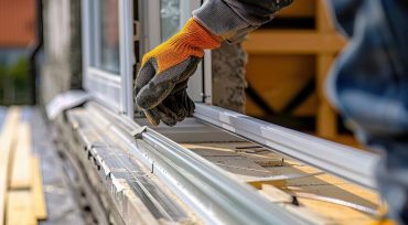 A closeup of a worker installing a window frame showing the detail and accuracy needed in fitting building elements