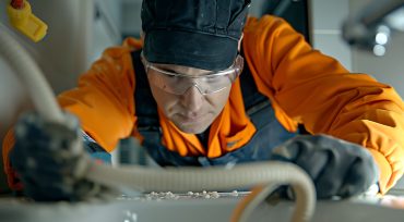 A man wearing an orange jacket is seen concentrating on working on a machine. His hands are busy adjusting and examining the components of the machinery.